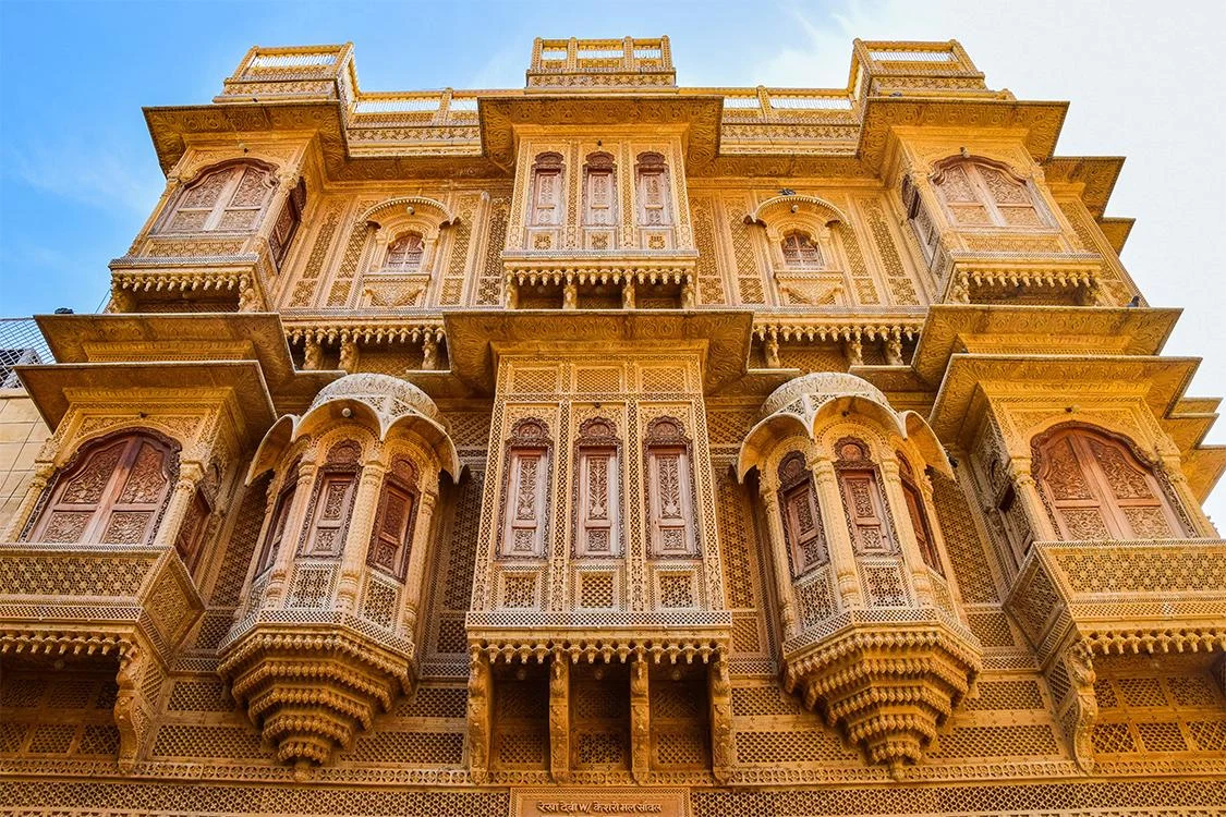 A carved sandstone haveli facade
